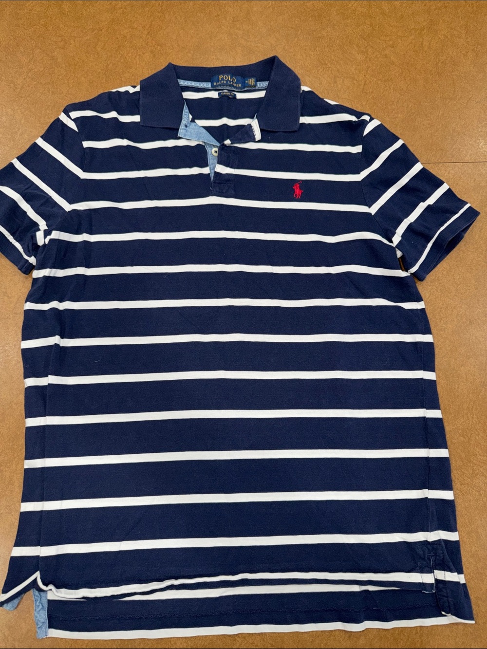 Polo by Ralph Lauren Navy and White Striped Short-Sleeve Polo with Red Pony